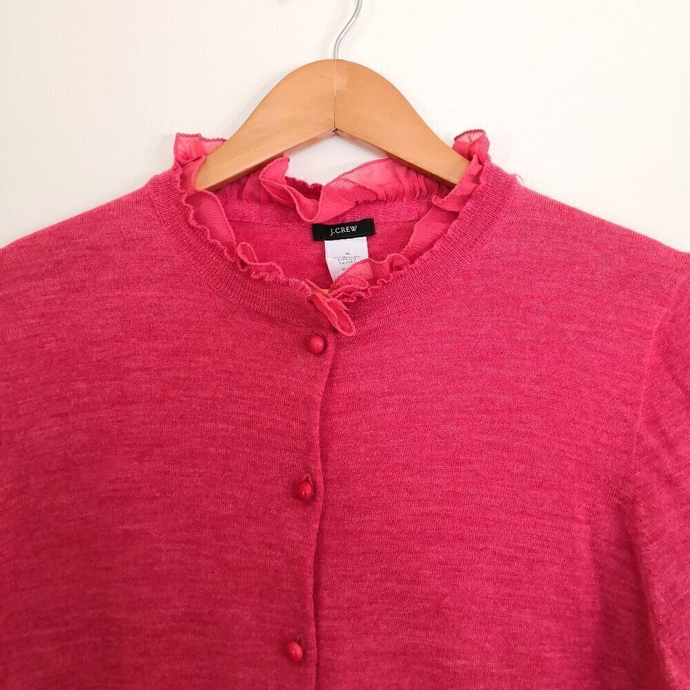 J. Crew 100% Merino Wool Chiffon Ruffle Trim Cardigan Sweater Raspberry Size XL - Picture 3 of 7
